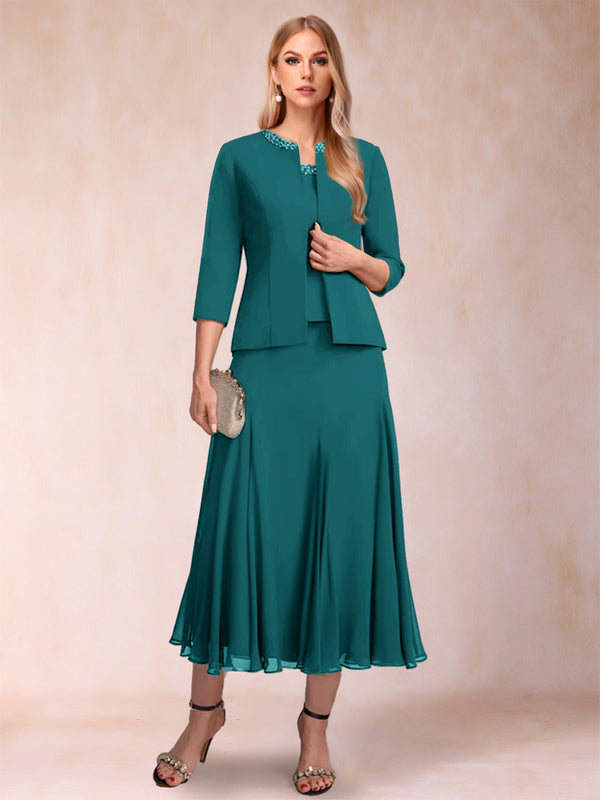 A-Line/Princess Scoop 3/4 Sleeves 2 Pieces Mother of the Bride Dresses with Sequins