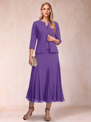 A-Line/Princess Scoop 3/4 Sleeves 2 Pieces Mother of the Bride Dresses with Sequins