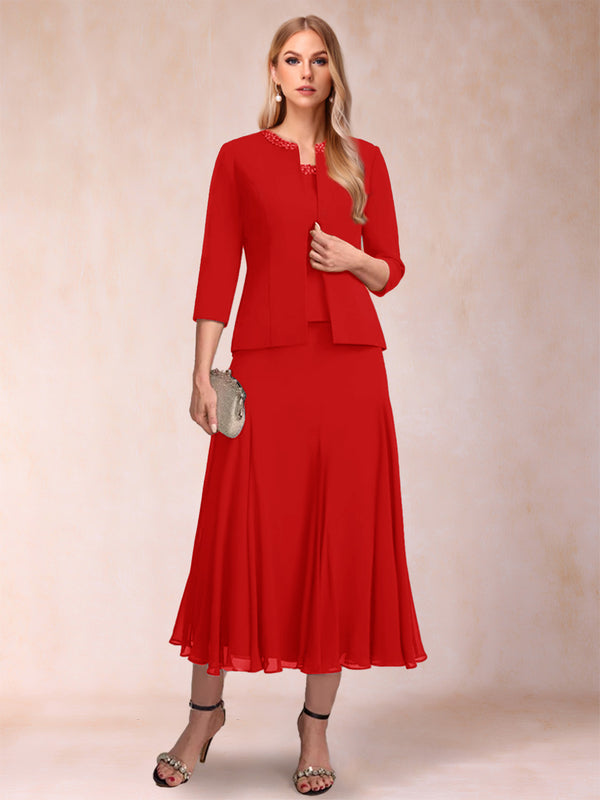 A-Line/Princess Scoop 3/4 Sleeves 2 Pieces Mother of the Bride Dresses with Sequins