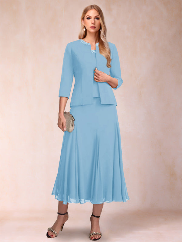 A-Line/Princess Scoop 3/4 Sleeves 2 Pieces Mother of the Bride Dresses with Sequins