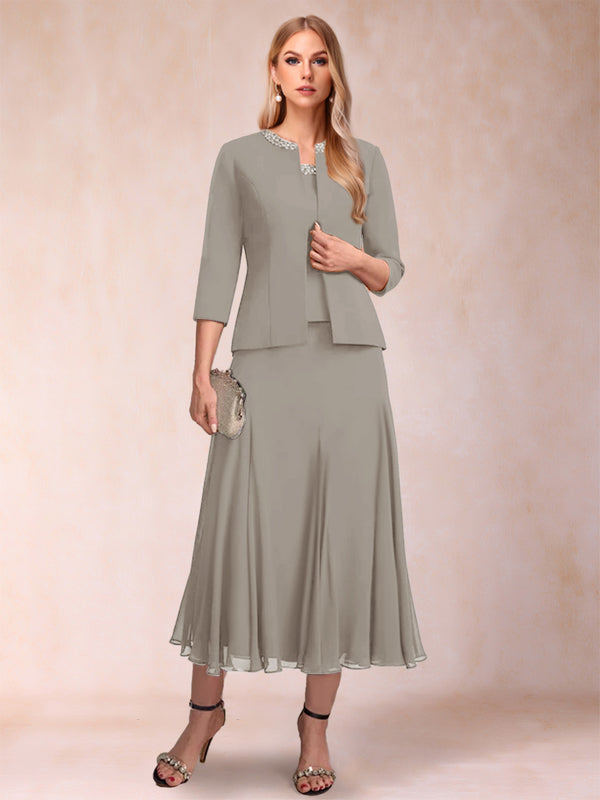 A-Line/Princess Scoop 3/4 Sleeves 2 Pieces Mother of the Bride Dresses with Sequins