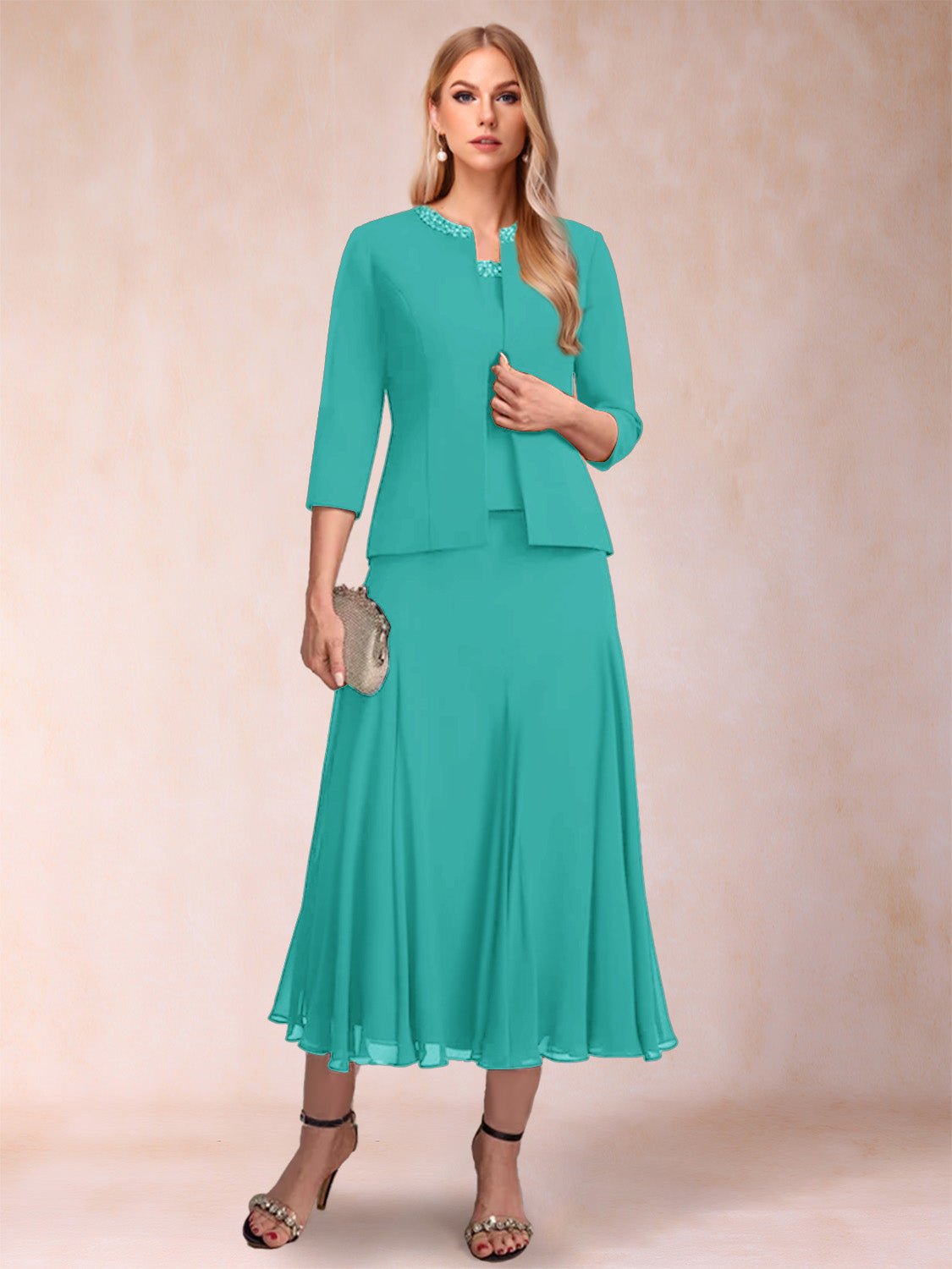 A-Line/Princess Scoop 3/4 Sleeves 2 Pieces Mother of the Bride Dresses with Sequins