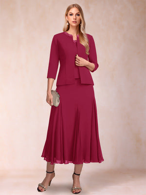 A-Line/Princess Scoop 3/4 Sleeves 2 Pieces Mother of the Bride Dresses with Sequins