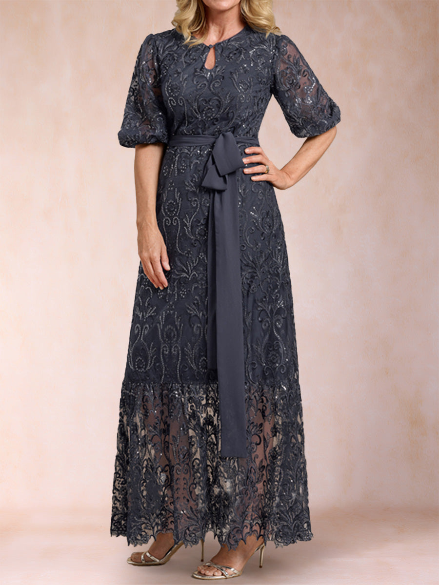 A-Line/Princess Scoop Half Sleeves Asymmetrical Printed Floral Pleated Mother of the Bride Dresses with Tulle