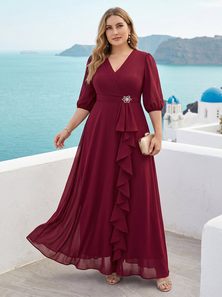 A-Line/Princess V-Neck 3/4 Sleeves Plus Size Mother of the Bride Dresses with Ruffles