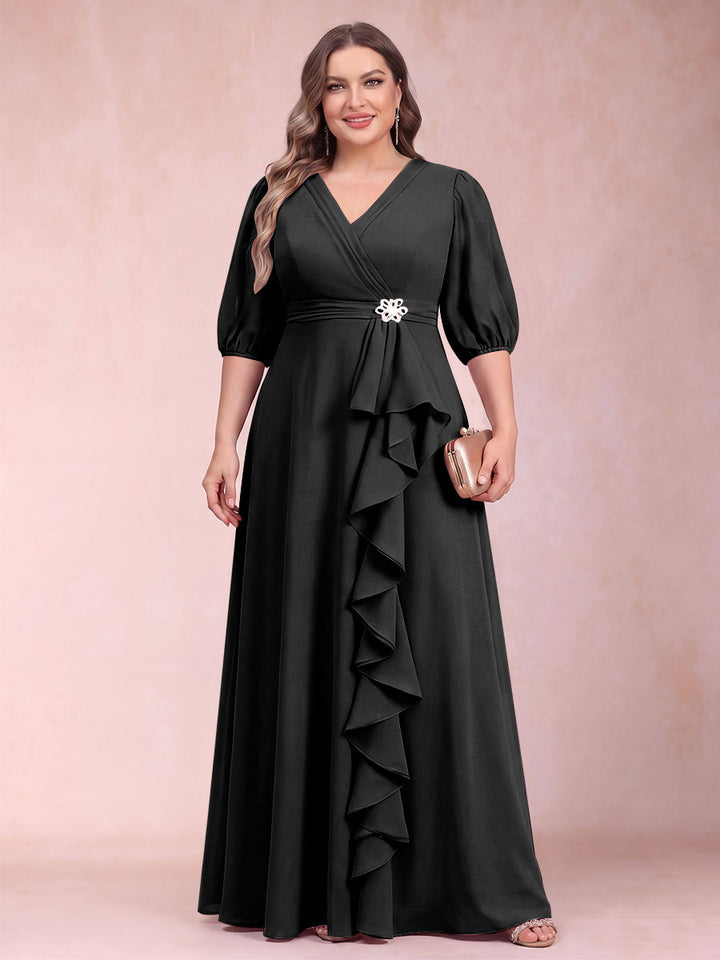 A-Line/Princess V-Neck 3/4 Sleeves Plus Size Mother of the Bride Dresses with Ruffles