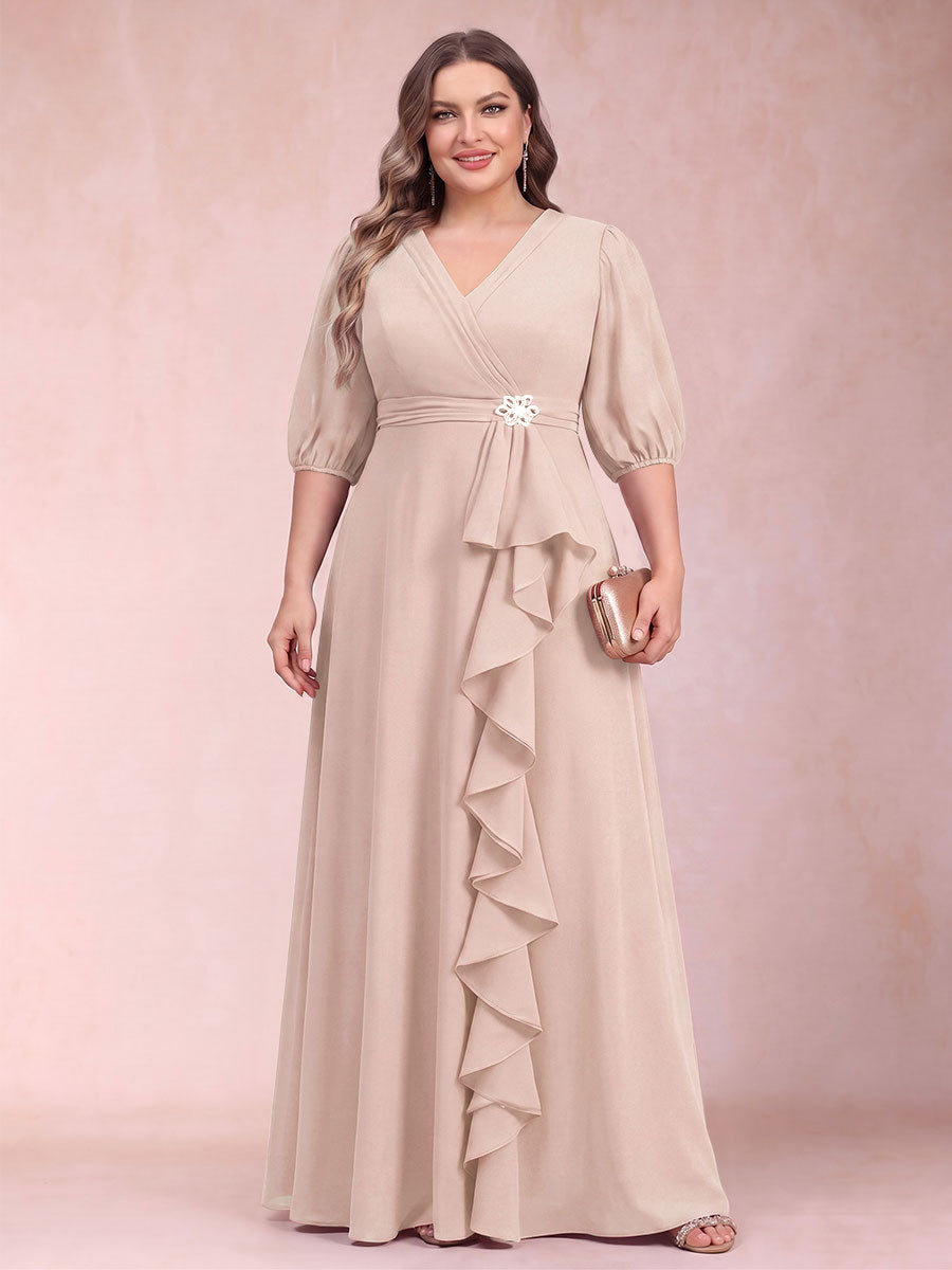 A-Line/Princess V-Neck 3/4 Sleeves Plus Size Mother of the Bride Dresses with Ruffles