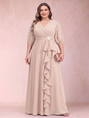 A-Line/Princess V-Neck 3/4 Sleeves Plus Size Mother of the Bride Dresses with Ruffles