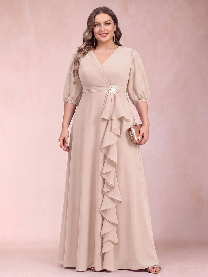 A-Line/Princess V-Neck 3/4 Sleeves Plus Size Mother of the Bride Dresses with Ruffles