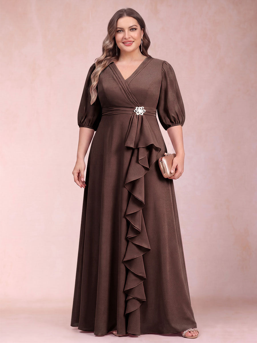 A-Line/Princess V-Neck 3/4 Sleeves Plus Size Mother of the Bride Dresses with Ruffles