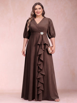 A-Line/Princess V-Neck 3/4 Sleeves Plus Size Mother of the Bride Dresses with Ruffles