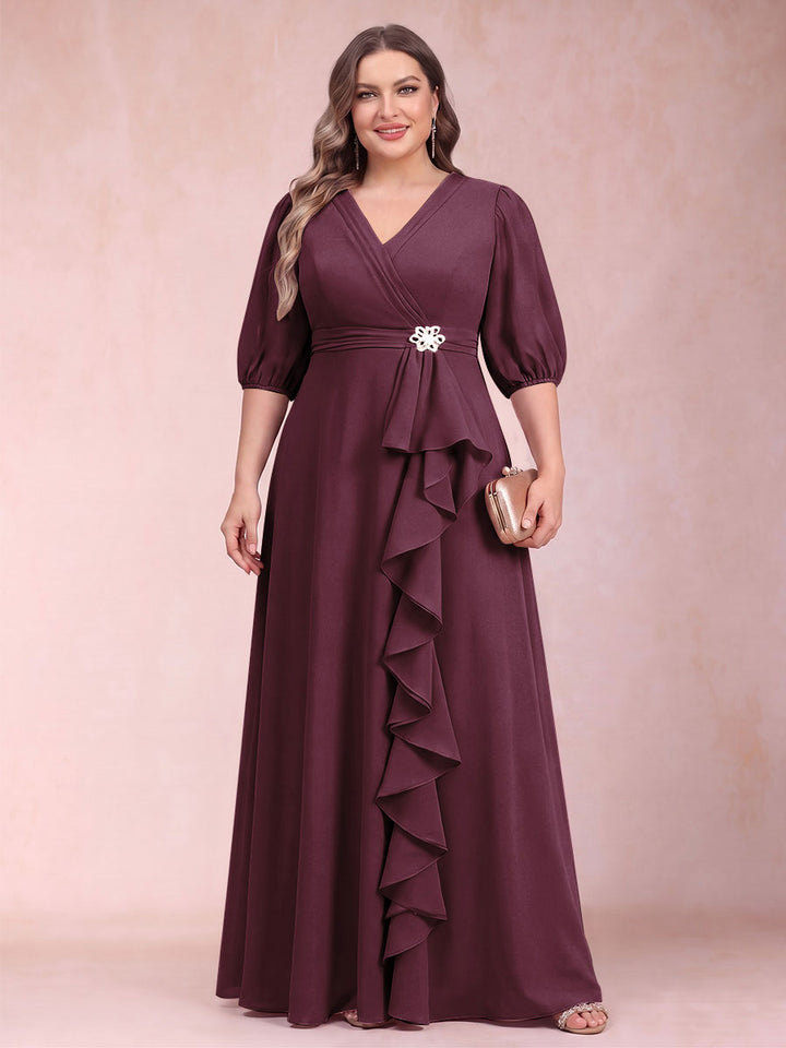 A-Line/Princess V-Neck 3/4 Sleeves Plus Size Mother of the Bride Dresses with Ruffles