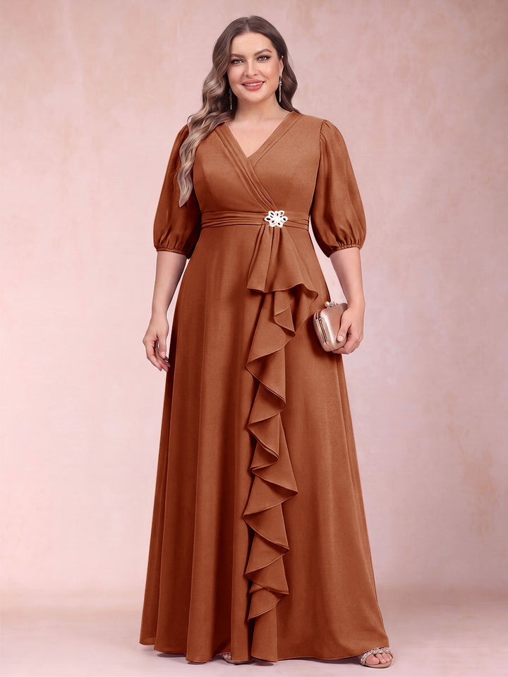 A-Line/Princess V-Neck 3/4 Sleeves Plus Size Mother of the Bride Dresses with Ruffles