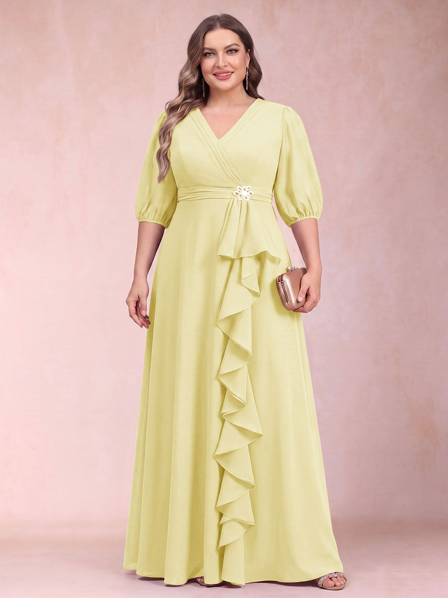 A-Line/Princess V-Neck 3/4 Sleeves Plus Size Mother of the Bride Dresses with Ruffles