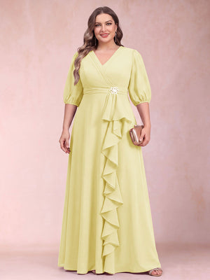 A-Line/Princess V-Neck 3/4 Sleeves Plus Size Mother of the Bride Dresses with Ruffles