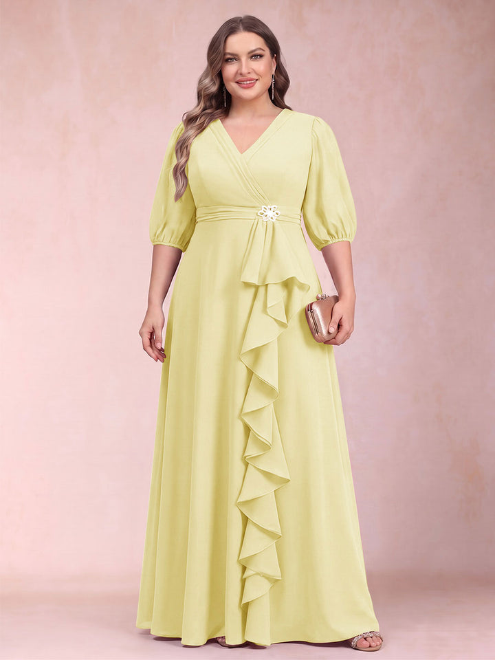 A-Line/Princess V-Neck 3/4 Sleeves Plus Size Mother of the Bride Dresses with Ruffles