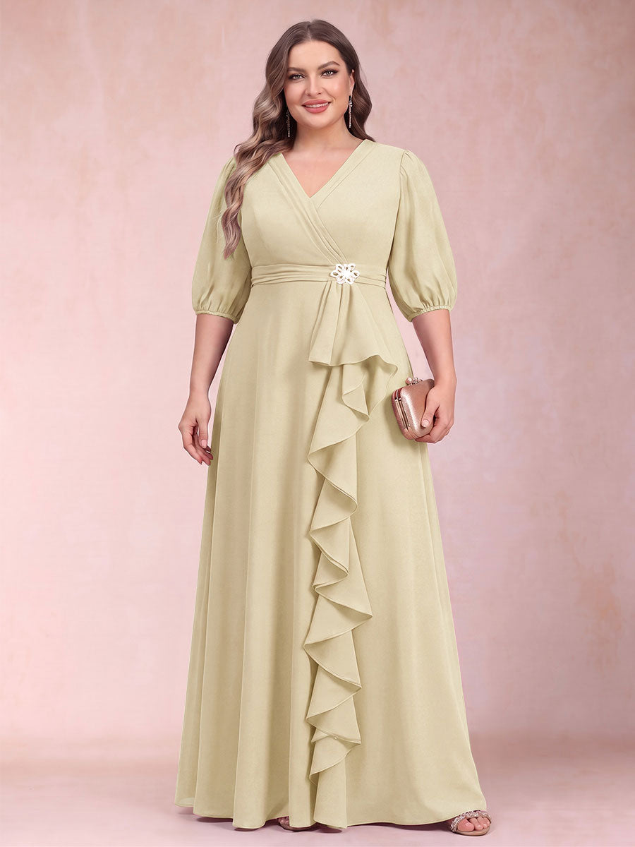 A-Line/Princess V-Neck 3/4 Sleeves Plus Size Mother of the Bride Dresses with Ruffles