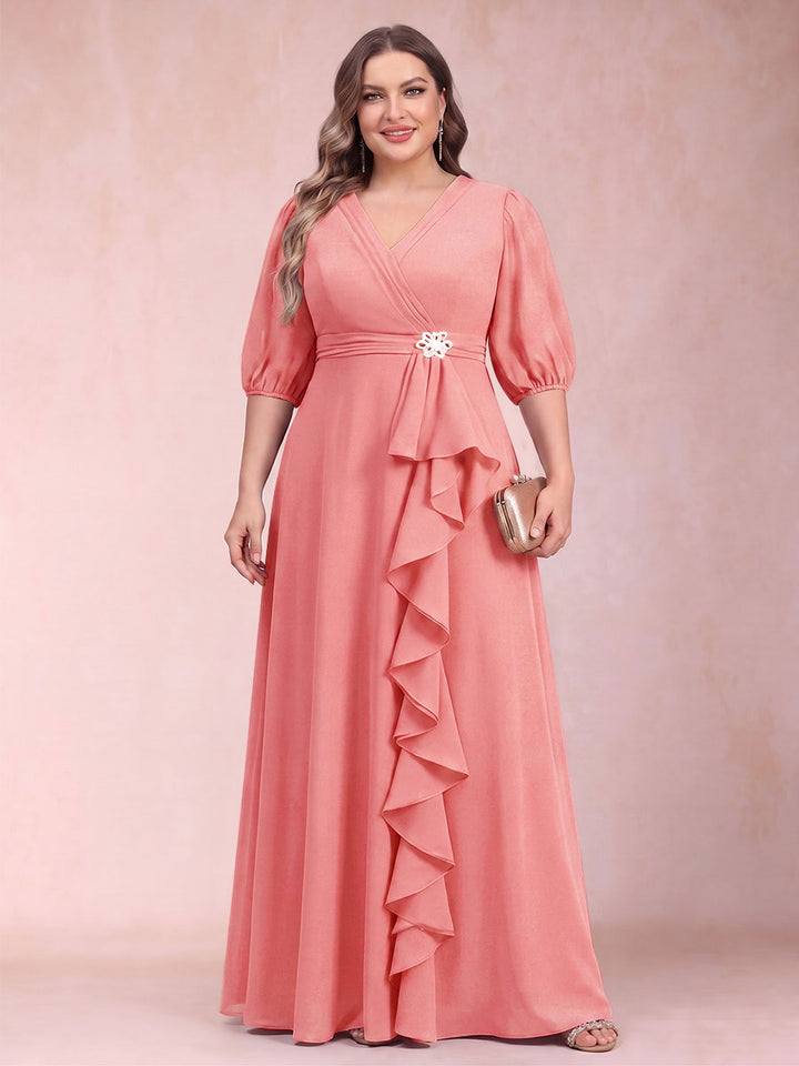 A-Line/Princess V-Neck 3/4 Sleeves Plus Size Mother of the Bride Dresses with Ruffles