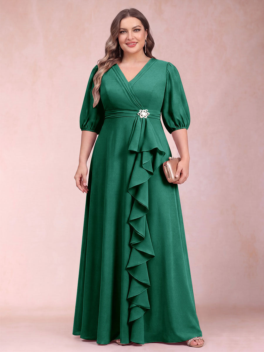 A-Line/Princess V-Neck 3/4 Sleeves Plus Size Mother of the Bride Dresses with Ruffles