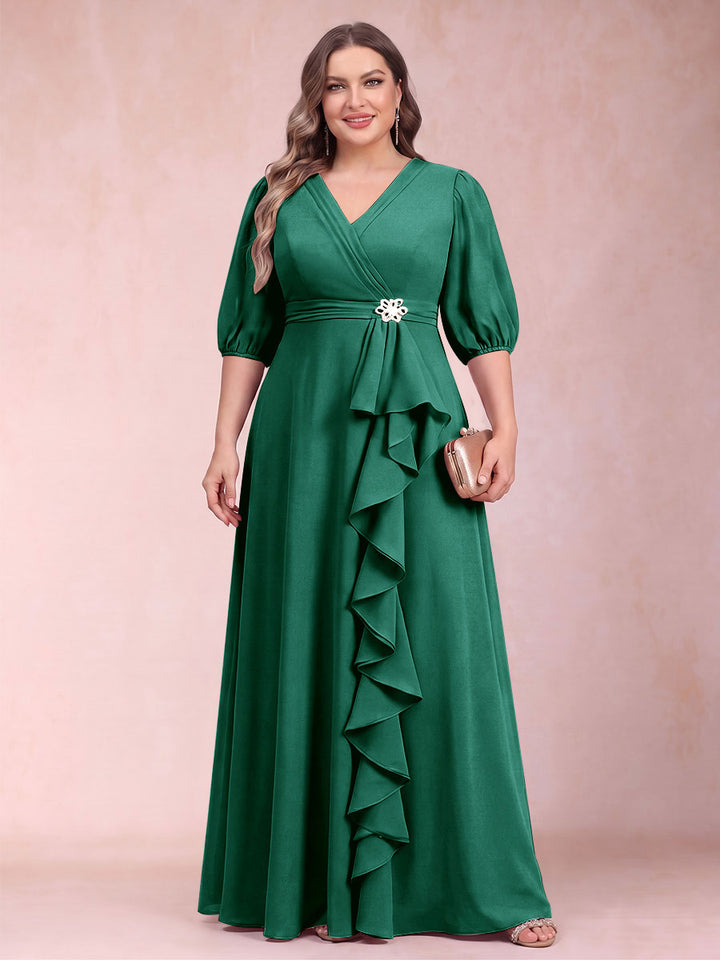 A-Line/Princess V-Neck 3/4 Sleeves Plus Size Mother of the Bride Dresses with Ruffles