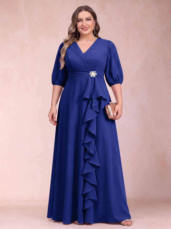 A-Line/Princess V-Neck 3/4 Sleeves Plus Size Mother of the Bride Dresses with Ruffles