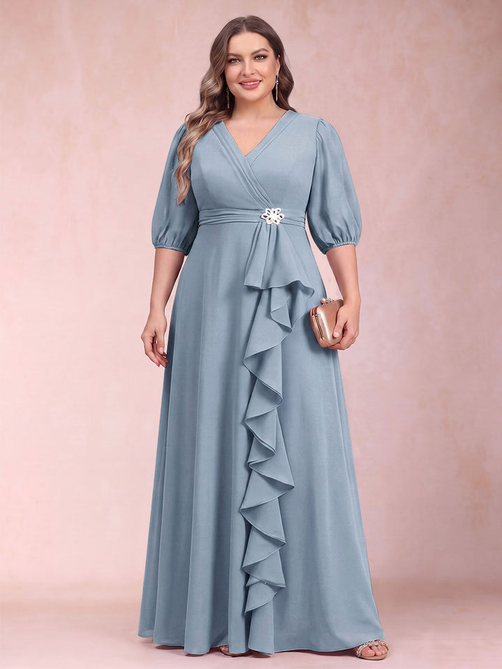 A-Line/Princess V-Neck 3/4 Sleeves Plus Size Mother of the Bride Dresses with Ruffles
