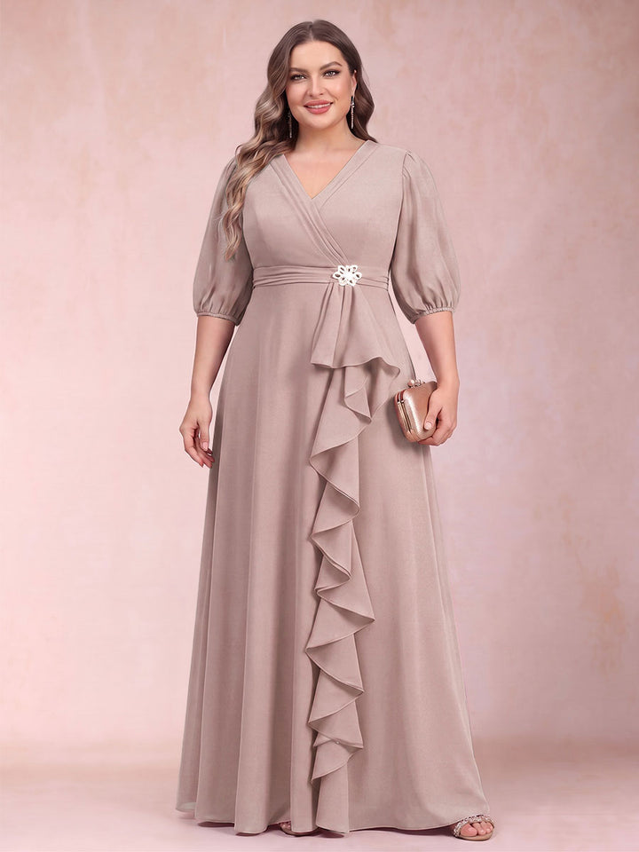 A-Line/Princess V-Neck 3/4 Sleeves Plus Size Mother of the Bride Dresses with Ruffles