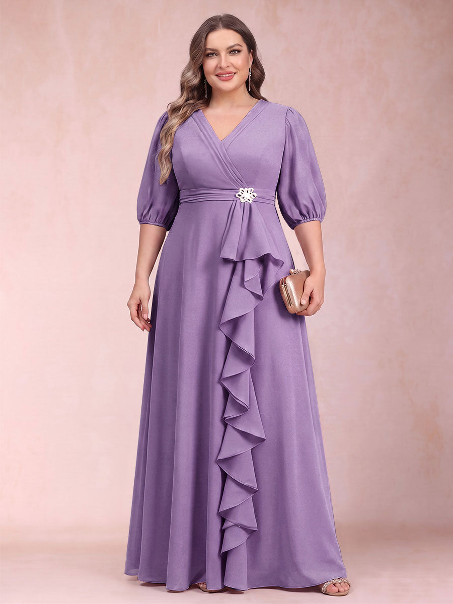 A-Line/Princess V-Neck 3/4 Sleeves Plus Size Mother of the Bride Dresses with Ruffles