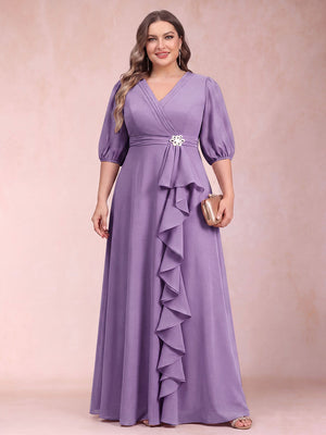 A-Line/Princess V-Neck 3/4 Sleeves Plus Size Mother of the Bride Dresses with Ruffles