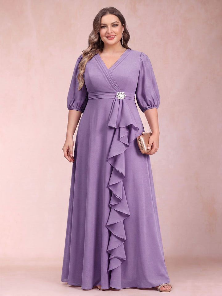 A-Line/Princess V-Neck 3/4 Sleeves Plus Size Mother of the Bride Dresses with Ruffles