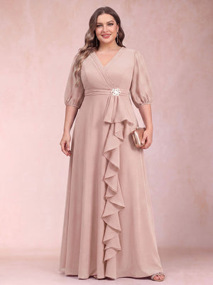 A-Line/Princess V-Neck 3/4 Sleeves Plus Size Mother of the Bride Dresses with Ruffles