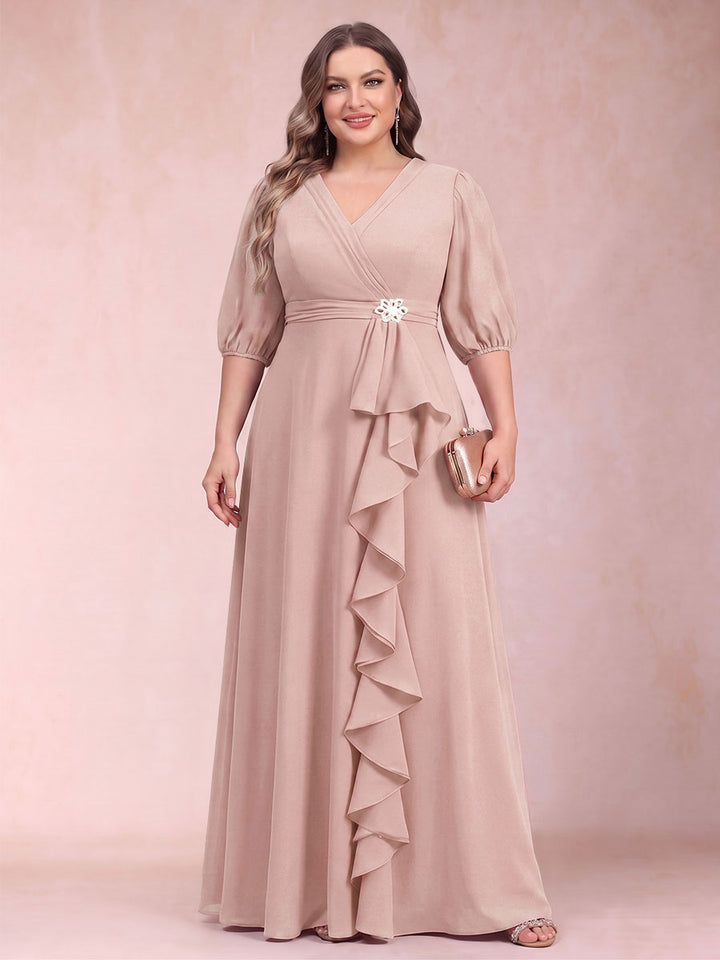 A-Line/Princess V-Neck 3/4 Sleeves Plus Size Mother of the Bride Dresses with Ruffles