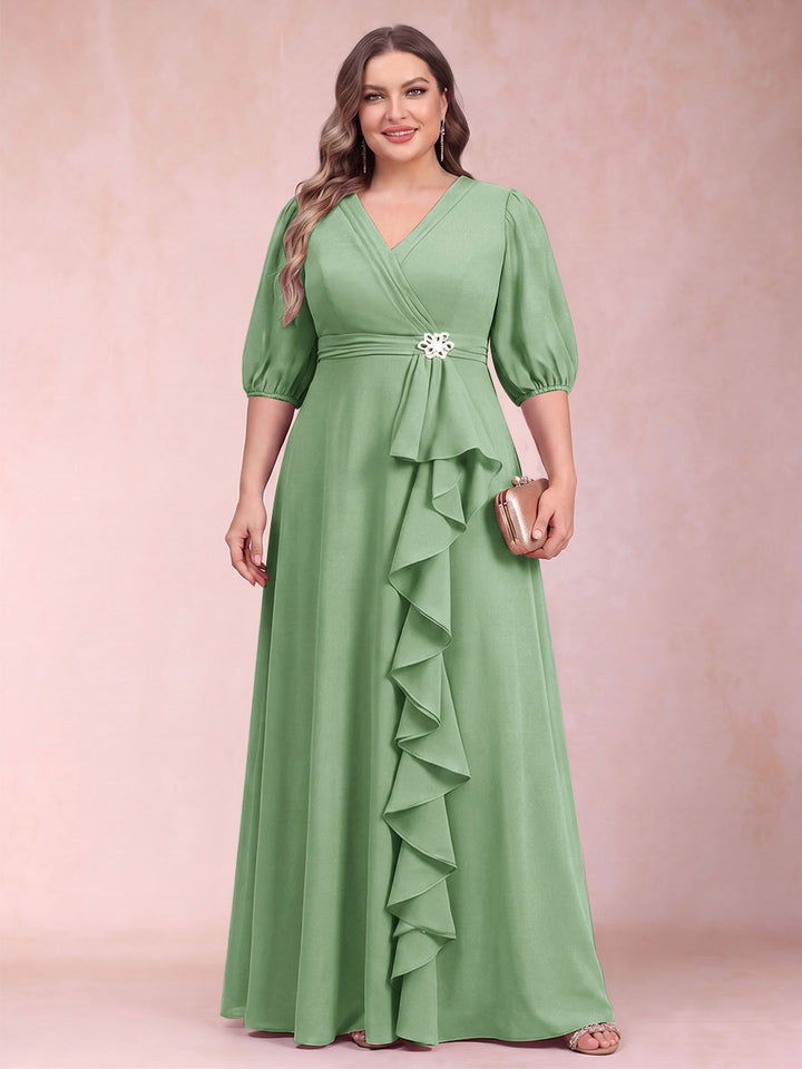 A-Line/Princess V-Neck 3/4 Sleeves Plus Size Mother of the Bride Dresses with Ruffles