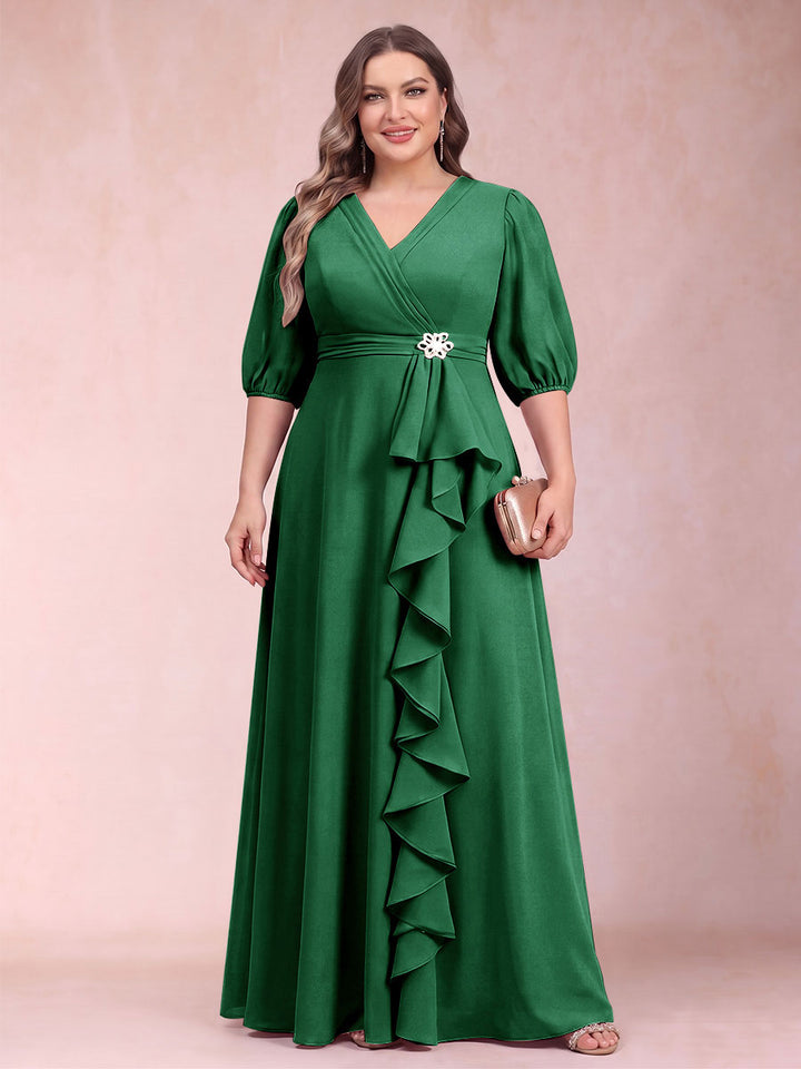 A-Line/Princess V-Neck 3/4 Sleeves Plus Size Mother of the Bride Dresses with Ruffles