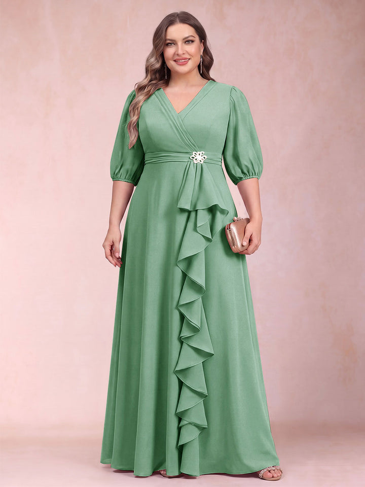 A-Line/Princess V-Neck 3/4 Sleeves Plus Size Mother of the Bride Dresses with Ruffles