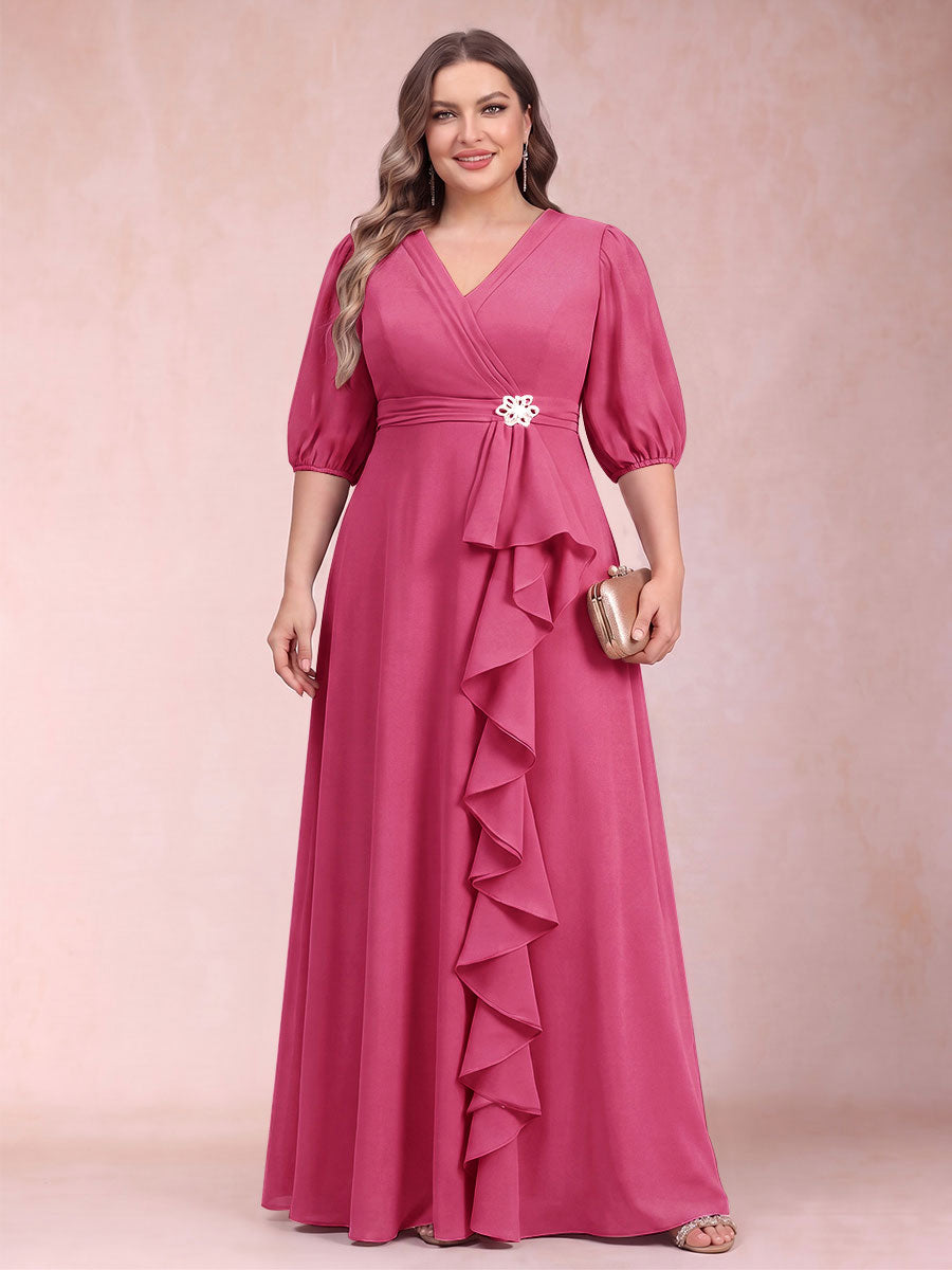 A-Line/Princess V-Neck 3/4 Sleeves Plus Size Mother of the Bride Dresses with Ruffles