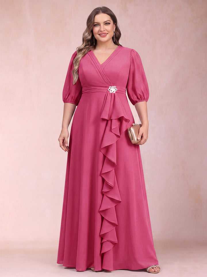 A-Line/Princess V-Neck 3/4 Sleeves Plus Size Mother of the Bride Dresses with Ruffles