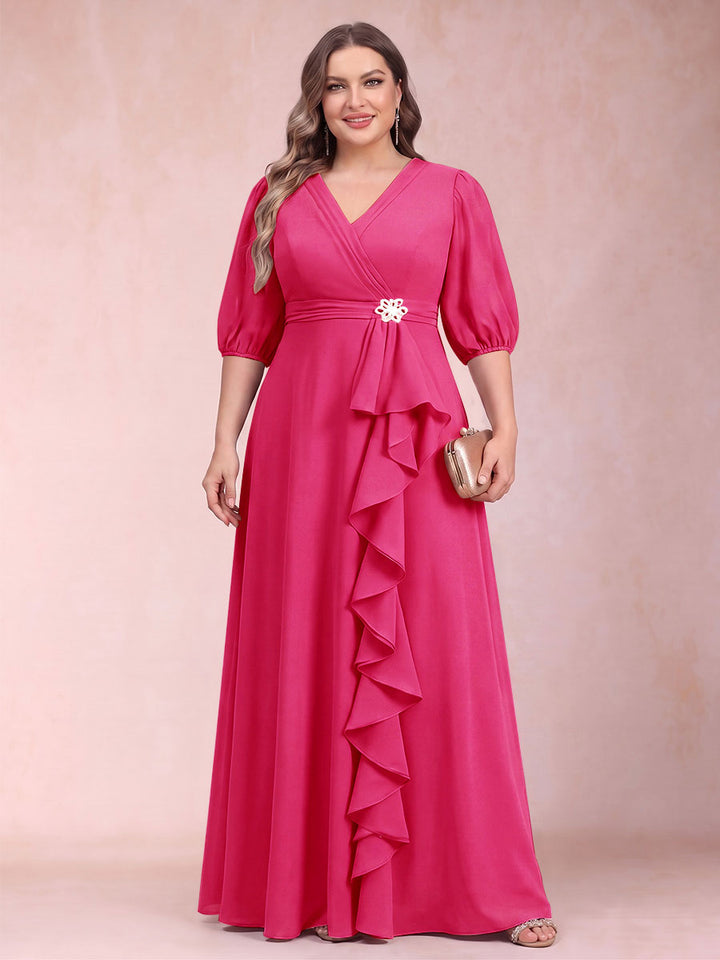 A-Line/Princess V-Neck 3/4 Sleeves Plus Size Mother of the Bride Dresses with Ruffles