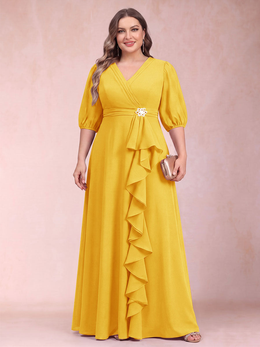 A-Line/Princess V-Neck 3/4 Sleeves Plus Size Mother of the Bride Dresses with Ruffles