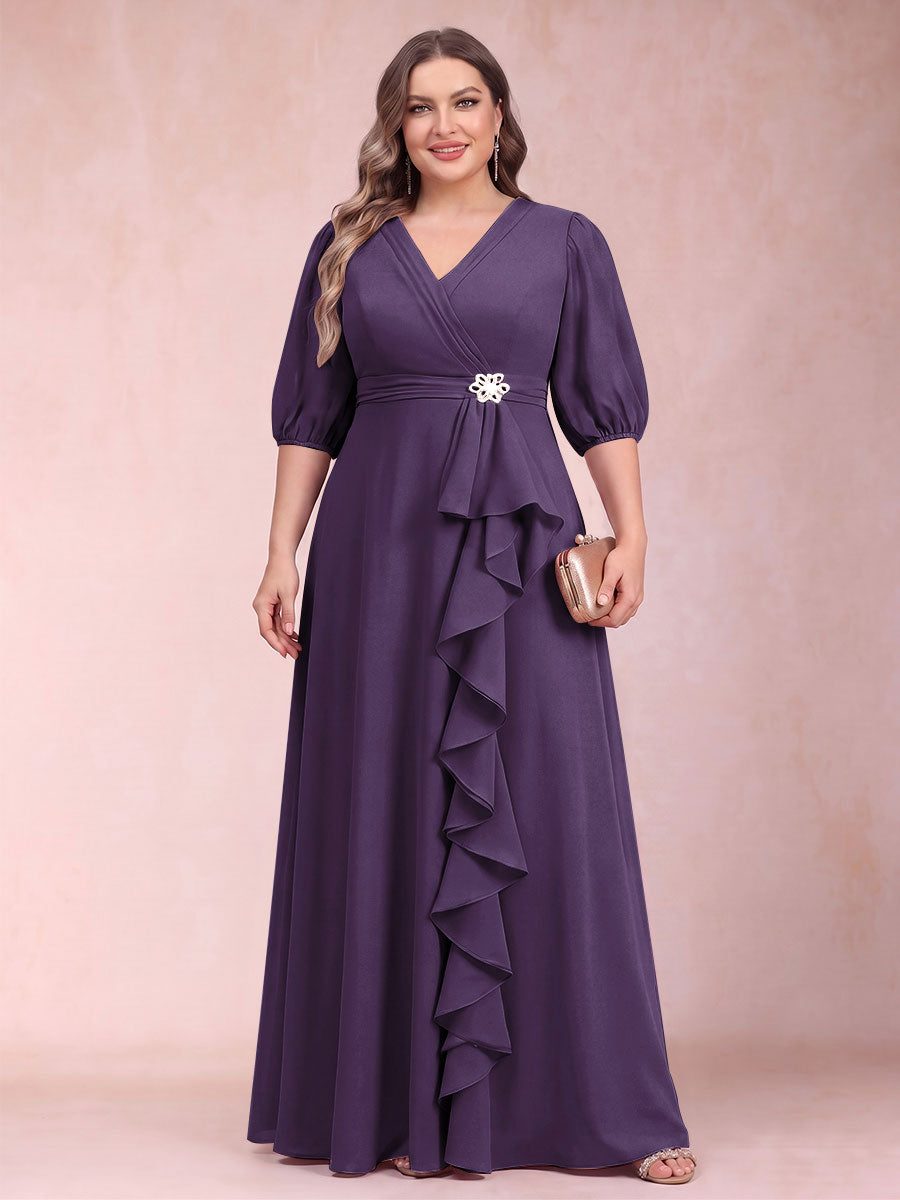 A-Line/Princess V-Neck 3/4 Sleeves Plus Size Mother of the Bride Dresses with Ruffles