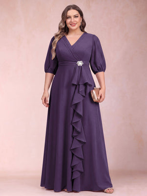 A-Line/Princess V-Neck 3/4 Sleeves Plus Size Mother of the Bride Dresses with Ruffles