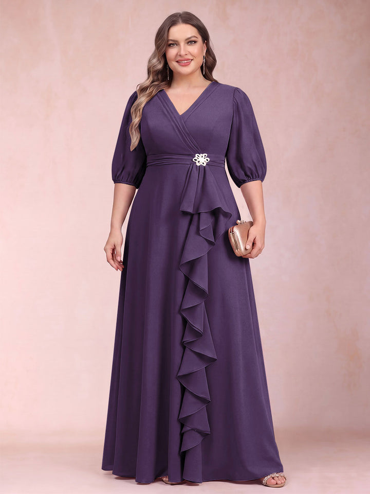 A-Line/Princess V-Neck 3/4 Sleeves Plus Size Mother of the Bride Dresses with Ruffles