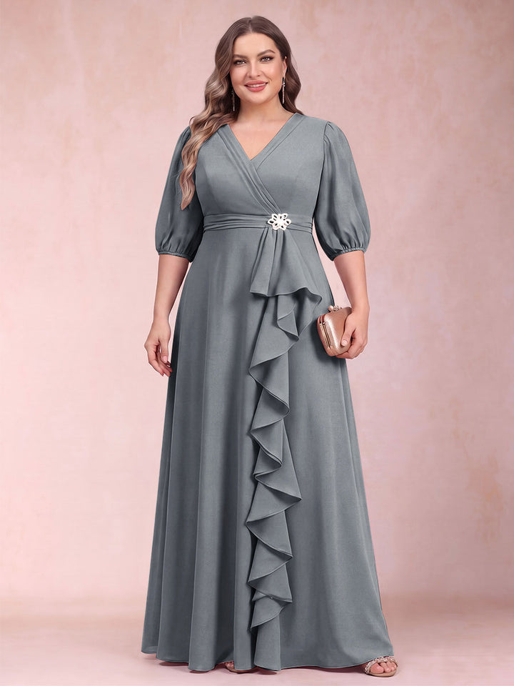 A-Line/Princess V-Neck 3/4 Sleeves Plus Size Mother of the Bride Dresses with Ruffles