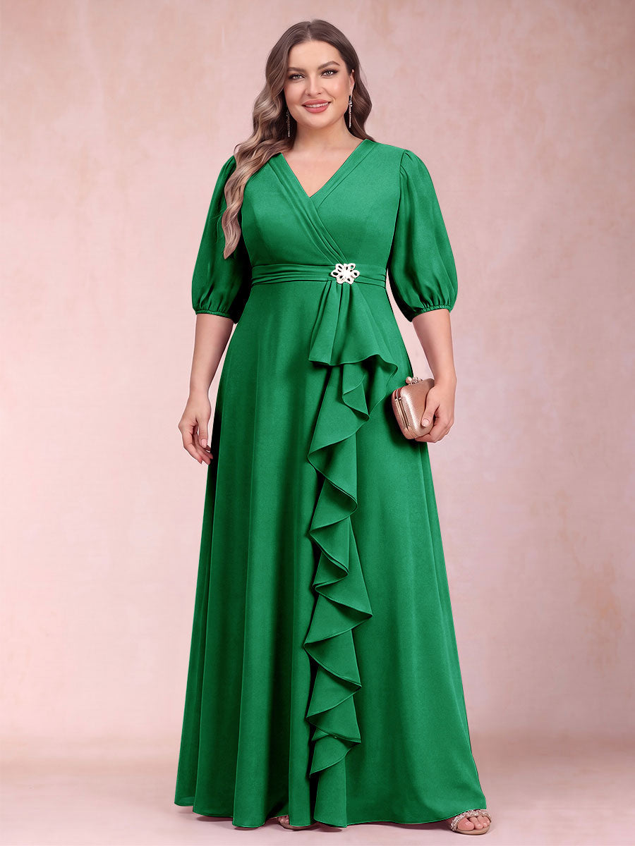 A-Line/Princess V-Neck 3/4 Sleeves Plus Size Mother of the Bride Dresses with Ruffles