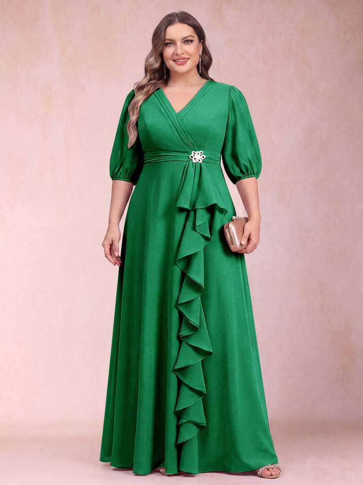 A-Line/Princess V-Neck 3/4 Sleeves Plus Size Mother of the Bride Dresses with Ruffles