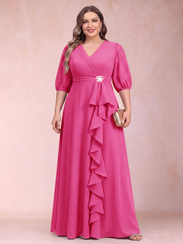 A-Line/Princess V-Neck 3/4 Sleeves Plus Size Mother of the Bride Dresses with Ruffles