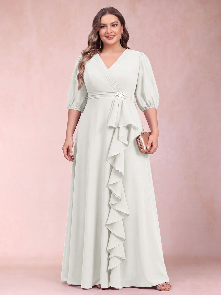 A-Line/Princess V-Neck 3/4 Sleeves Plus Size Mother of the Bride Dresses with Ruffles