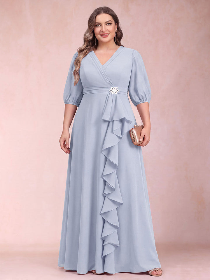 A-Line/Princess V-Neck 3/4 Sleeves Plus Size Mother of the Bride Dresses with Ruffles