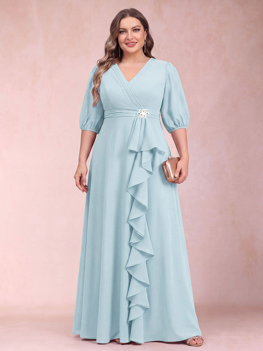 A-Line/Princess V-Neck 3/4 Sleeves Plus Size Mother of the Bride Dresses with Ruffles
