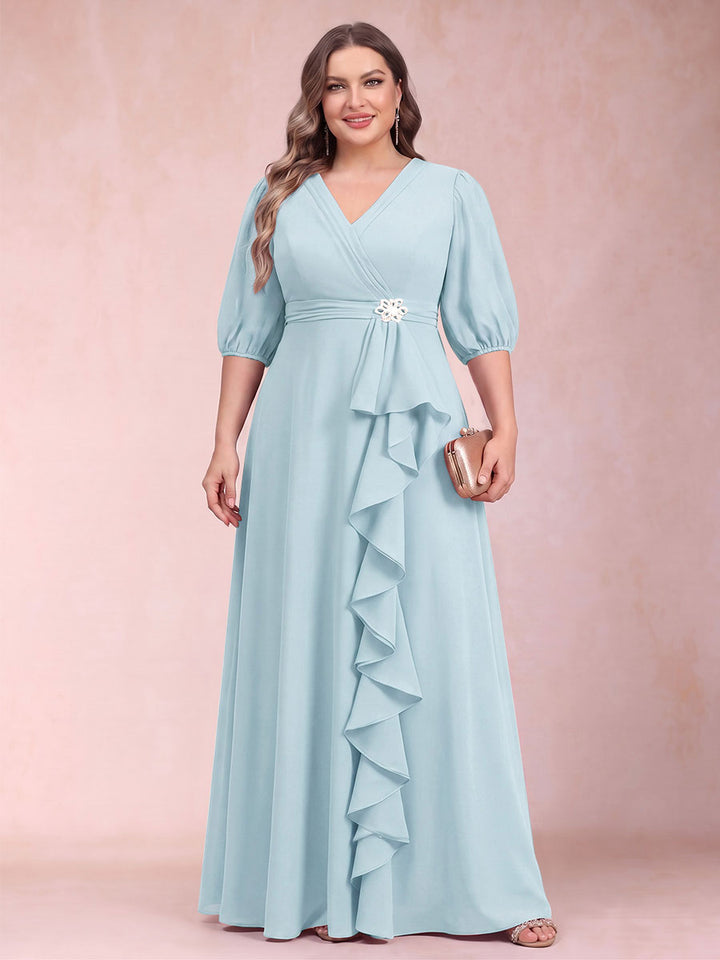 A-Line/Princess V-Neck 3/4 Sleeves Plus Size Mother of the Bride Dresses with Ruffles